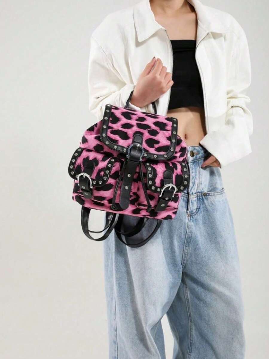 1pc Stylish Leopard Print Women's Backpack - Lightweight Daypack With Adjustable Straps, Pink & Black Animal Pattern Design For Travel, Work, And Casual Use, Travel Backpack | Stylish Handbag | Bag, Backpack For Travel - Màu Hồng Tươi - Xem 1