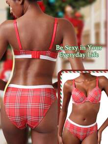 1 Set/2pcs Red Striped Underwire Bra Set - Christmas Theme, Lift & Side Fat Control, Supportive, Holiday Gift - Red - View 3