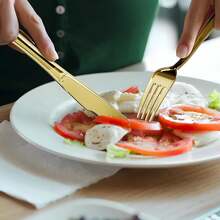 金色餐具套装，优雅餐具套装，易于清洁，可重复使用，适合户外烧烤、公司团建、生日派对、婚宴及其他活动 - 金色 - 查看 11