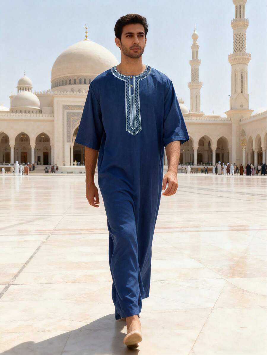 Men's Vintage Moroccan Embroidered Short Sleeve Robe, Arabic Men's Robe With Side Pockets, Islamic Eid Robe For Men - Navy Blue - View 1