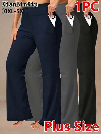 XianBinXiu 1pc Plus Size Women Navy Blue Flare Yoga Pants, High Waist Slimming Casual Yoga Trousers With Pockets, Knit Fabric, Elastic & Comfortable, Suitable For Daily Casual Wear And Yoga, All Seasons