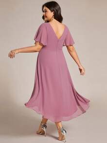 Plus Size Women's Double V-Neck Ruffle Sleeve A-Line Chiffon Mid-Length Wedding Guest Dress, Bridesmaid Dress, Wedding Dresses For Formal Occasions - Lotus Root Starch - View 3