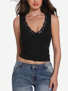 女士性感蕾丝V领Y2K时尚圣诞舒适休闲吊带背心，适合春季、夏季、日常通勤和度假穿着 - 黑色 - 查看 4