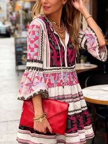 Frühlings- & Sommer-Urlaubs-Lässig Boho Geometrisches Muster V-Ausschnitt Rüschen Saum Seitenbindung Midi Kleid - Verschiedenfarbig - Übersicht 8