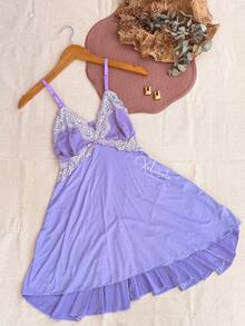 Sexy Lace Nightgown With Backless Detail, Ruffled Train, Slit, No Padding, Sleep Dress, Lingerie, Nightwear Line - 淺灰紫 - 查看 1