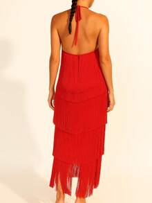 Halter Neck Layered Fringe Party Dress - Đỏ - Xem 6