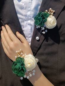 1pc Chest Flower + 1pc Wrist Flower Unisex Rose Flower Print Vintage Elegant Boutonniere & Corsage Set, Champagne Color Camellia Decoration, Suitable For Wedding, Prom, Party, Daily Wear Valentine's Day Accessories - Multicolor - View 20