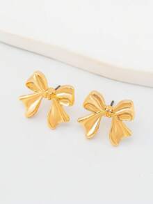 1 Pair Minimalist Bow Earrings, Suitable For Women's Daily Wear, Cute Bow Decor, Perfect Gift For Sisters, Women Accessories, Charm Spherical Jewelry - Golden 11 - View 5