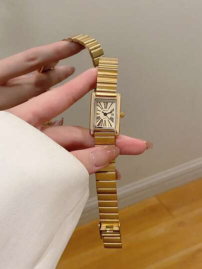 1pc Oval Bamboo Strap Women's Watch, Adjustable Gold-Tone Band, Elegant & Versatile Quartz Wristwatch, Suitable For Daily Wear, An Ideal Daily Matching Gift