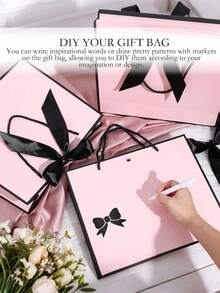 10/8/5/1 chiếc Túi quà giấy Kraft nằm ngang, Túi đựng quà Ngày Valentine kèm nơ, Túi quà giấy nằm ngang dùng làm quà tặng cho phù dâu trong đám cưới, Dành cho cả nam và nữ, Có tay cầm, Thích hợp cho sinh nhật, đám cưới, quà tặng tiệc phù dâu, mua sắm bán lẻ (Đen & Hồng) - Nhiều màu - Xem 8
