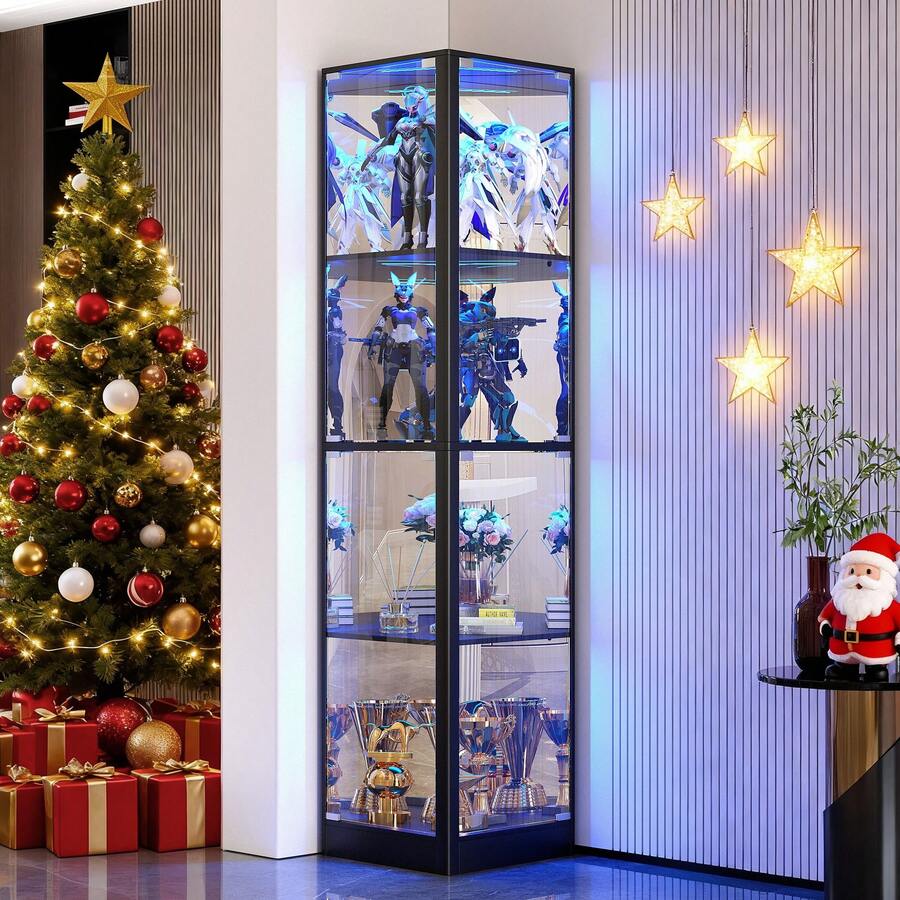 Corner Display Cabinet With Glass Doors, 68" Display Case With LED Lights, 4-TierCurio Cabinets For Collectibles/Toys/Books, Mirrored Storage Cabinet, White - màu đen - Xem 1