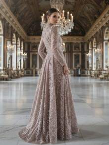Lotus Root Pink Round Neck Long Sleeve Heavily Beaded & Embroidered 3D Floral A-Line Maxi Evening Dress - Light Grey - View 2