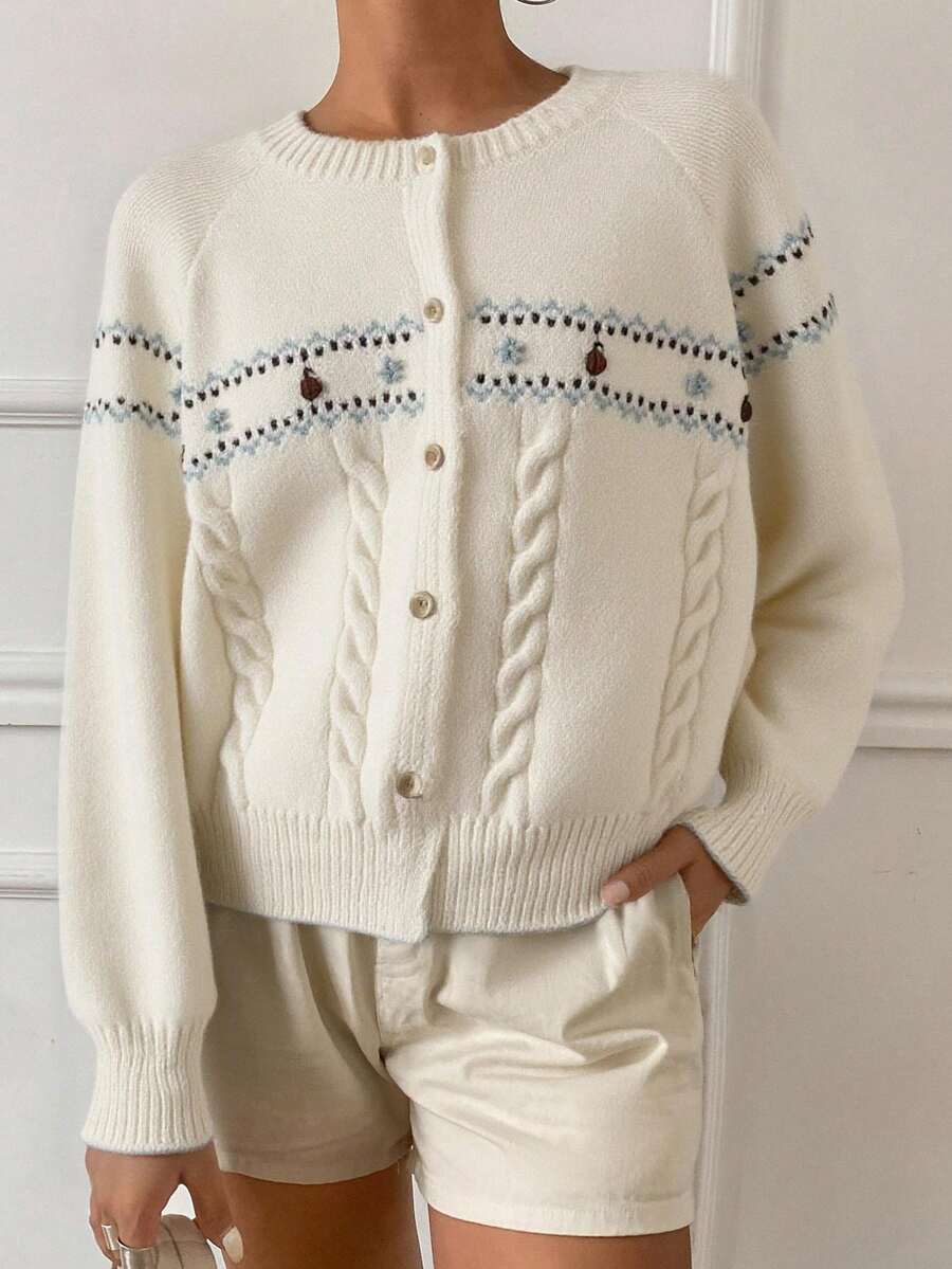 Livesso Women Casual Everyday Wear Front Button Textured Knit Raglan Sleeve Cardigan, Autumn/Winter,Long Sleeve Tops,Fall Women Clothes - Apricot - View 1