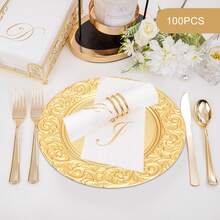 100pcs Charger Plates, 12.99in Table Charger Plates Set, PP Round Dinner Plates With Leaves Pattern Rim, Dinner Table Decorative Charger For Home Wedding Kitchen Birthday Bridal Shower Party Table Supply, Reusable Serving Plates Decor Dinner Plates, Silver Gold Green Black Charger Plates - 金色 - 查看 3
