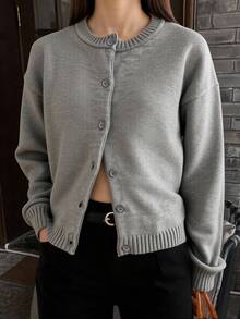 Livesso 1pc Women Solid Color Minimalist Knit Cardigan,Fall Clothes - Grey - View 4