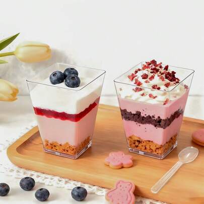 100/50/20pcs Transparent Square Dessert Cups Set, Mini Dessert Cups With Dessert Spoons, Perfect For Weddings, Parties, Birthdays, Outdoor Dining, Christmas, Thanksgiving, Hotels, Buffets, Reusable Plastic Cups, Hand Wash Only, Event Planner