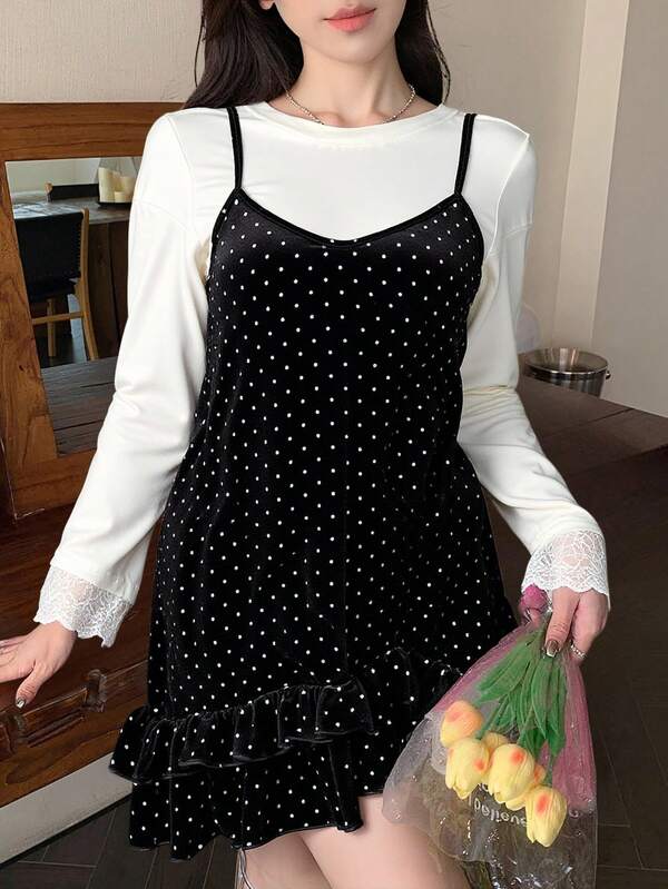 DAZY Women's Polka Dot Layered Ruffle Hem Contrast Color Casual Sweet Camisole