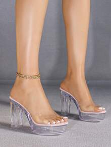 Sexy Super High Heel Slippers, Waterproof Platform Stilettos, Transparent Crystal Thick Heel Party Shoes For Women - Pink - View 2