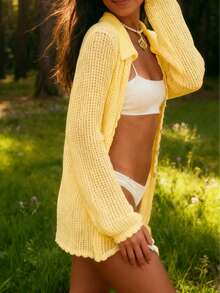 Vestido de verano/primavera amarillo para mujer ARDOR S, vestido casual suelto y cómodo con cuello, decoración de botones y suéter de punto semitransparente para la playa - Amarillo - Ver 5