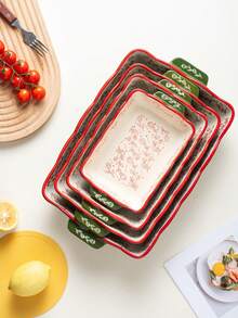 Tavă de copt ceramică dreptunghiulară, pictată manual, cu motive florale vintage, verde, la modă, cu mânere, potrivită pentru salată, paste, grătar, pui la cuptor, coacere deserturi și pizza, cuptor și microunde, ideală pentru restaurant și uz zilnic acasă.