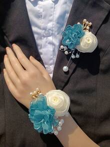 1pc Chest Flower + 1pc Wrist Flower Unisex Rose Flower Print Vintage Elegant Boutonniere & Corsage Set, Champagne Color Camellia Decoration, Suitable For Wedding, Prom, Party, Daily Wear Valentine's Day Accessories - Multicolor - View 21
