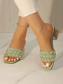 Plus Size High Heel Mules Women Thick Heel Faux Pearl Rhinestone High Heels Fashionable Strap Slide Sandals Open Toe High Heel Sandals - Green - View 2