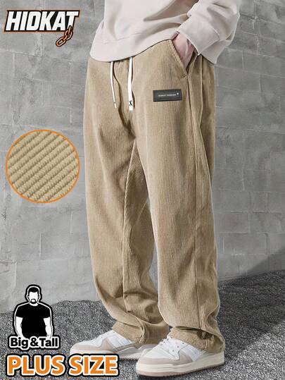 Hidkat Plus Size Men's Corduroy Casual Pants With Drawstring Waist, Suitable For Everyday Casual Wear