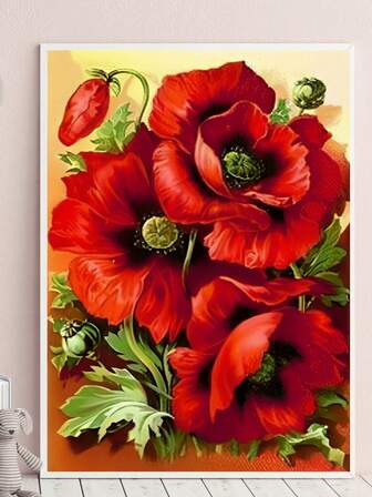 Kit de pintura de diamantes 5D, Tres amapolas rojas de fantasía, Flores de flora, Pintura de diamantes 5D redonda con mosaico de piedras preciosas artificiales, Suministros de pintura para principiantes, Pintura de diamantes hecha a mano con gemas para decoración de pared del hogar y regalo