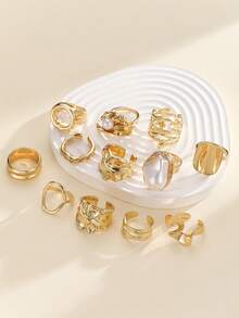 12件套复古几何镂空水滴设计开口戒指套装，巴洛克风格仿珍珠装饰波西米亚风戒指套装，时尚首饰套装，适合日常穿搭、海滩度假和派对配饰 - 金色 - 查看 4