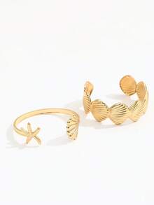 2pcs/Set Bohemian Style Metal Starfish & Shell Bracelet Set, Women Beach Jewelry - Yellow Gold - View 4