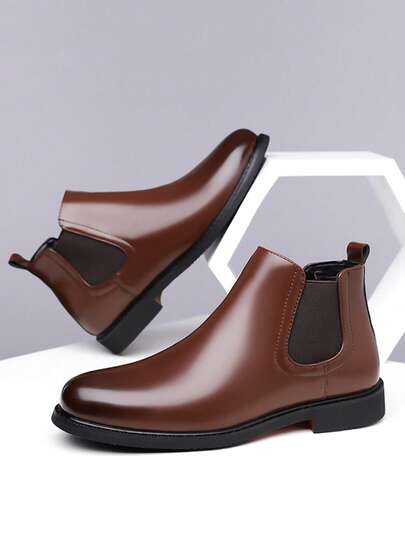 Botas Chelsea para hombres, lisas, con puntera pequeña y redonda, caña alta, suela gruesa, botas de cuero de estilo británico para hombre, casual de negocios, para todas las estaciones, de cuero súper fino negro y marrón, suela de goma, botas de invierno para hombres