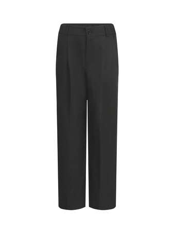 女式长直筒裤，涤纶材质，带口袋，纽扣和拉链开合，略有弹性