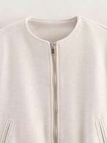 Chaqueta bomber casual de manga larga con cuello redondo, cremallera y bolsillos para mujer, ideal para el otoño - Beis - Ver 9