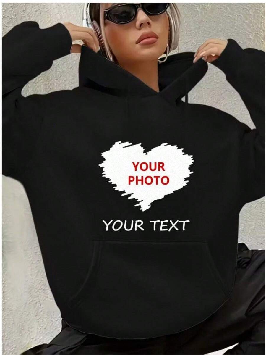 Personalized Heart Photo & Text Print Hoodie - Casual Oversized Sweatshirt With Custom Design, Or Daily Wear, Valentine's Day & Special Occasions - màu đen - Xem 1