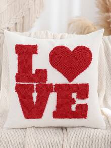 1pc/2pcs Valentine's Day Cushion Cover, Heart Plush Embroidery Canvas, Living Room Sofa Wedding Decor Holiday Gift - Red - View 3