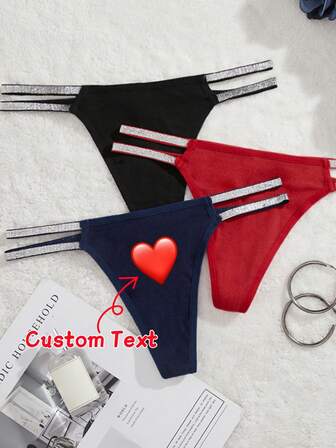 1pc Customizable Pattern Women's G-String Panty, Double Waistband Silver Studded Mid Waist Underwear, Printed With Photo, Picture, Letter Name For Anniversary, Birthday, Gift For Friend, Girlfriend, Wife, Valentine's Day/Christmas/Halloween, Rave,Bridallingerie