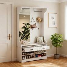 Set guardaroba, set guardaroba da ingresso con scarpiera aperta e specchio, 4 ganci appendiabiti, 1 asta appendiabiti, 2 cassetti, appendiabiti da ingresso (bianco, 104 x 35 x 180 cm) - Bianco - Visualizzare 5