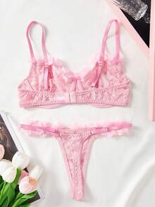 Women's Sexy Lingerie Pink Bra Set, Exaggerated 3D Floral Lace Bra, Sweet & Charming Adjustable Panty, Romantic Intimate Bedroom Atmosphere - 粉色 - 查看 2