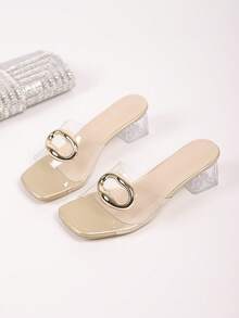 大码女士粗跟踝带坡跟凉鞋，白色透明珍珠装饰，舒适防滑，适合派对、海滩、居家和户外活动，高跟鞋 - 金色 - 查看 6