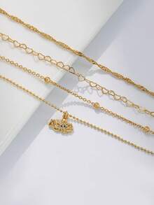 4pcs/Set Women Anklet Set, Bohemian Summer Beach Vacation Stacking Style, Copper Inlaid Zirconia Octopus Pendant, Gold Plated Beaded Chain, Hollow Heart Chain, Water Wave Chain, Round Bead Chain, Ocean Series Multi-Layer Anklet Set, Layered Anklet Accessories Gift - Yellow Gold - View 3