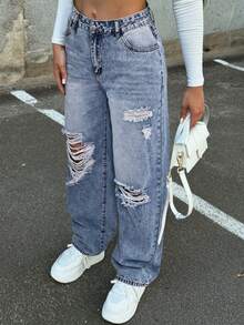 Jeans de mezclilla lavados desgastados de unicolor con bolsillos en ángulo para mujer