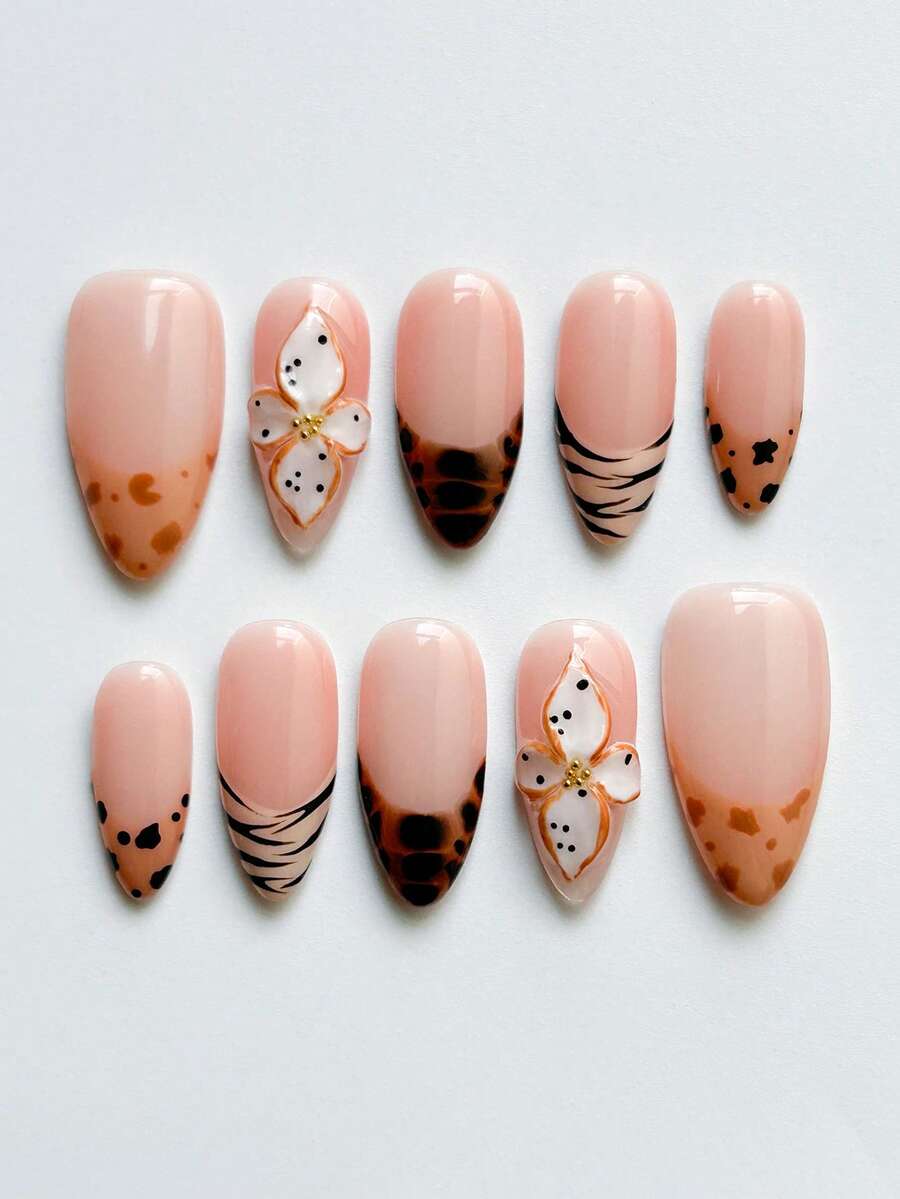 10pcs French Leopard Print Almond Shaped Nail Stickers, Coffee Brown Base Color With Hand-Painted Leopard Print French Tips And 3D Floral Decor, Suitable For Autumn/Winter Wear, Minimalist And Soft Nail Art Set For Girls And Women Nails Nail Supplies - Coffee Brown - View 1