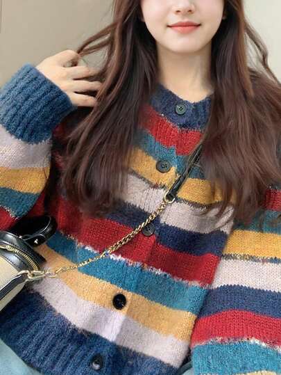 Alicedudu 女式可爱拼色圆领毛衣开衫，秋冬