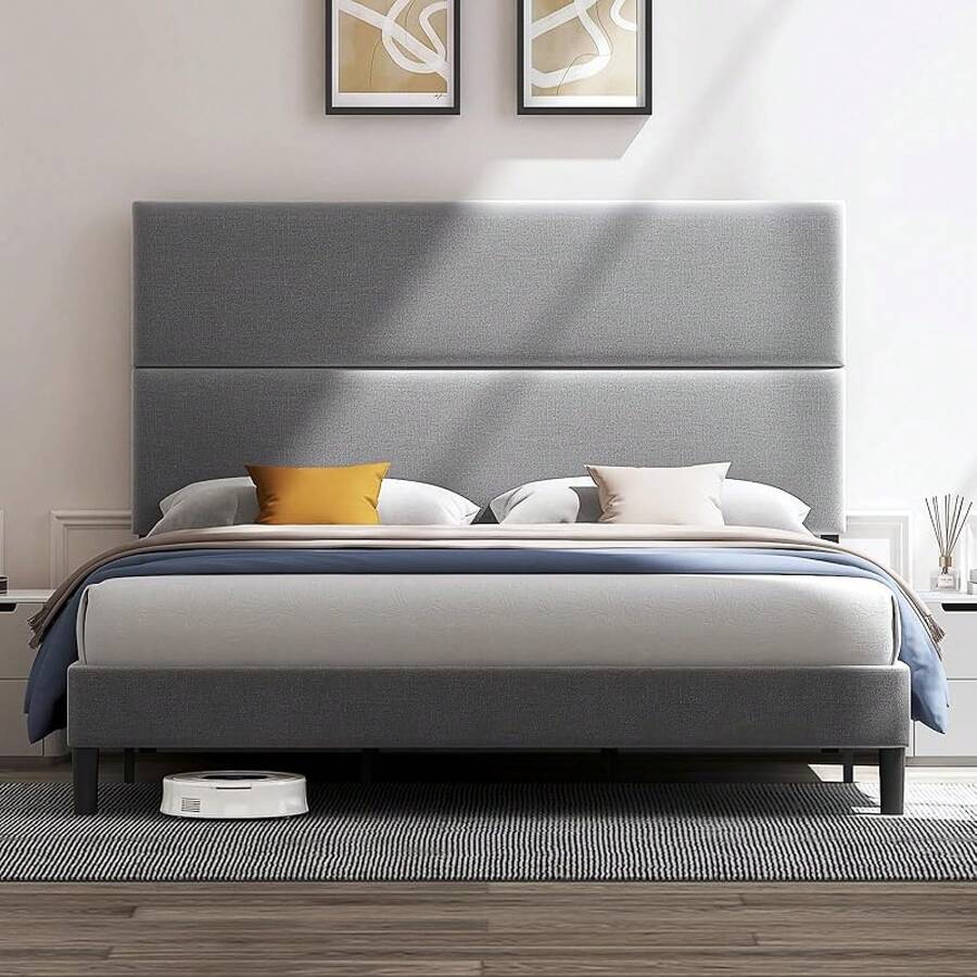 Twin/Queen/King Size Bed Frame With Linen Adjustable Headboard, Upholstered Platform Bed With Strong Wood Slats Support, Noise-Free Construction, Easy Assembly, No Box Spring Needed - 淺灰色 - 查看 1