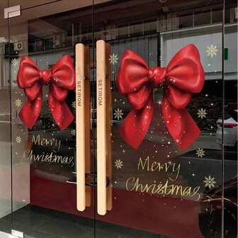 1pc/2pcs Christmas Holiday Decoration Shop Window Glass Door Static Cling Sticker Merry Bow Decal