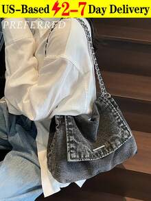 New Fashion Casual Solid Color Denim Effect Metal Chain Strap Flap Cover Women Shoulder Bag,Stylish And Versatile, Large Capacity, Suitable For Commuting, Shopping, And Students. - 彩色 - 查看 12
