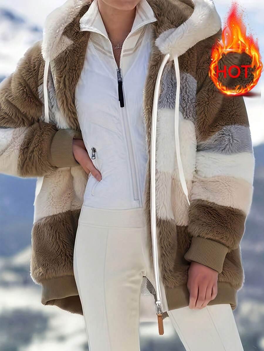 Women's Winter Casual Plaid Lined Hooded Regular Jacket, Warm Autumn/Winter Outerwear With Zipper Closure, Multi-Color Patchwork Design, And Fluffy Lined For Cozy Warmth, Cozy Winter Wear | Elegant Outerwear, Christmas Outfit, Local Warehouse - Khaki - View 1