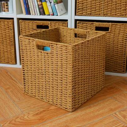 1pc/2pcs Large Capacity Foldable Space-Saving Natural Material Multi-Purpose Storage Box With Square Rope Handle, Suitable For Wardrobe, Bedroom, Bathroom, Shelves To Store Clothes, Toys, Blankets, Miscellaneous. Suitable For Mother's Day, Father's Day, Christmas, Halloween, Ramadan, Valentine's Day And Other Holidays.
