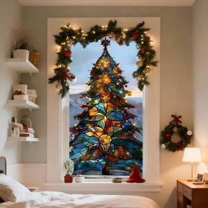 1 Christmas Tree Sticker - Colorful Stained Glass Effect, Easy To Apply, Durable PVC, Suitable For Holiday Window Decorations In The Living Room Or Bedroom, Home Christmas Decorations, Perfect Holiday Ornaments.