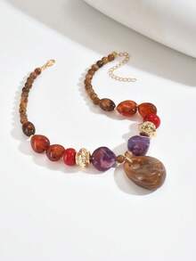 优雅复古品质性感心形玻璃马赛克金色花卉心形吊坠，椭圆形树脂搭配不对称CCB金属珠，波西米亚多巴胺色系，棕色琥珀色、橙色、紫色、红色大号心形吊坠串珠项链，不对称花卉树脂串珠大吊坠项链，女士高端珠宝项链 - 彩色 - 查看 13